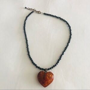 Amber heart & onyx beaded necklace